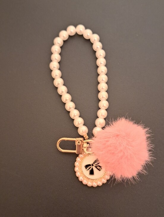 Accessories - Pearl Bead Keychain Wristlet with Pink Pom Pom Charm